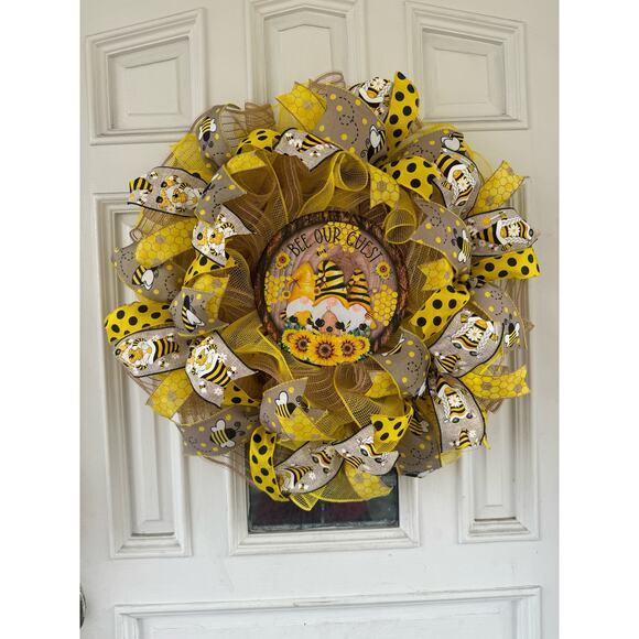 Bee Our Guest Sunflower Gnome Ribbon Deco Mesh Spring Summer Wreath, Door Hanger - Picture 1 of 7